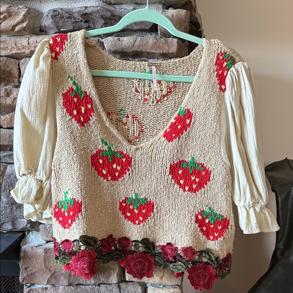 Free People Cream and Red Strawberry Knit top